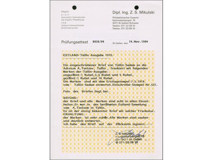 1919, 10 rubel perforated together with 3,5 and 5 rubel imperforated with additional franking tied by cds. "TALLINN-SADAM -7 