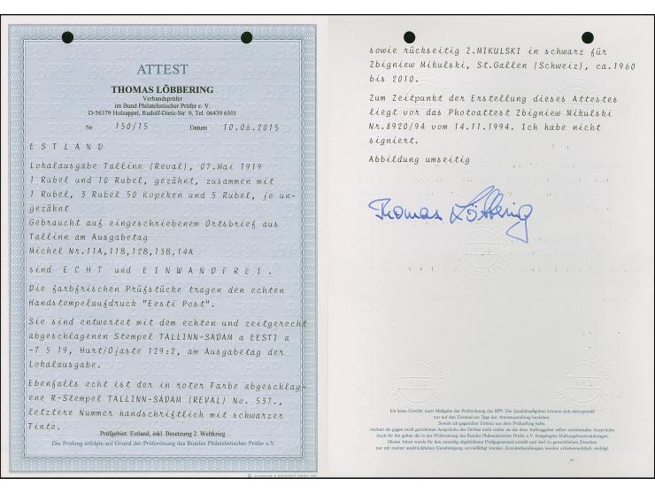 1919, 10 rubel perforated together with 3,5 and 5 rubel imperforated with additional franking tied by cds. "TALLINN-SADAM -7 