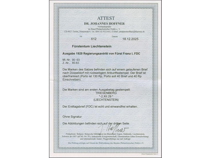 1929, Regierungsantritt 10-70 Rp. mit Ersttagsstempel "TRIESENBERG 2.XII.29" auf R-FDC nach Düsseldorf mit Ankunftsstempel, A