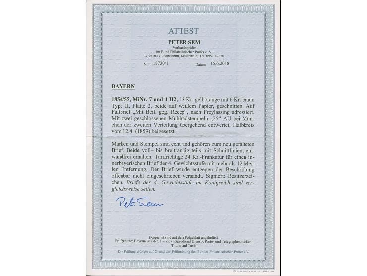 18 Kr. gelborange und 6 Kr. braun Type II, Platte 2, beide voll- bis breitrandig, teils mit Schnittlinien, mit gMR "25" und n