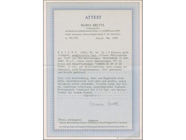 9 Kr. gelbgrün im waagerechten Paar der, farbfrisch und voll- bis breitrandig, oben mit schmalem Bogenrand, mit klarem oMR "4