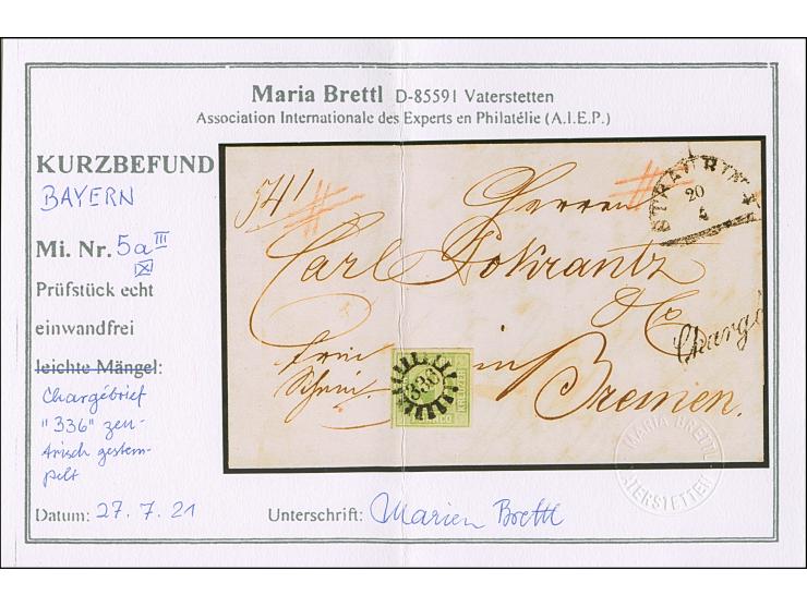 9 Kr. bläulichgrün, schöne frische und kräftige Farbe, allseits gleichmäßig breitrandig, mit Schnittlinien an 2 Seiten, mit k