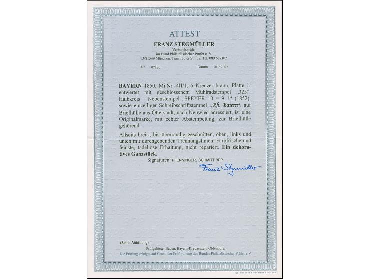 6 Kr. braun, allseits breitrandig, mit klarem gMR "325" auf Briefhülle mit nebengesetztem Halbkreis "SPEYER 10/9" (1852) und 