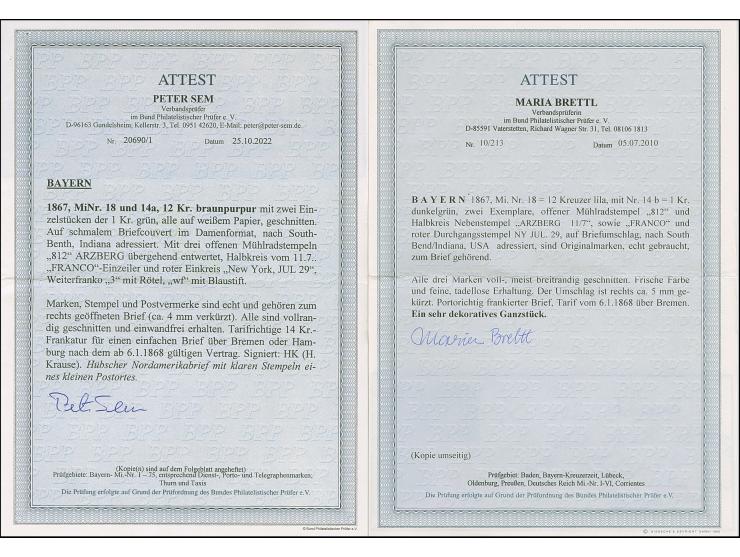 12 Kr. lila mit 2 Einzelwerten 1 Kr. grün, alle farbfrisch und voll- bis meist breitrandig, mit klar aufgesetztem oMR "812" u