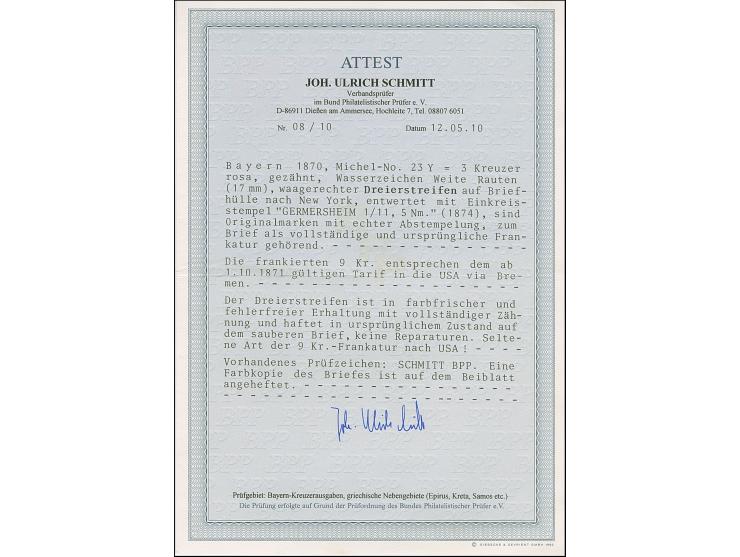 3 Kreuzer rosa im waagerechten 3er-Streifen bzw. 9 Kr. braun, je farbfrisch und gut gezähnt, auf Briefhülle bzw. Briefkuvert 