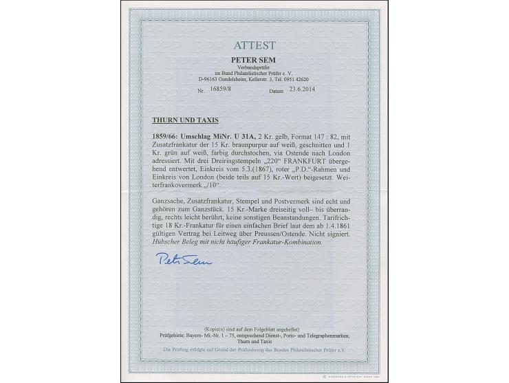 15 Kr. purpur (nur rechts leicht berührt) in Mischfrankatur mit 1866, 1 Kr. grün, mit Nr. "220" auf Umschlag 2 Kr. gelb, von 