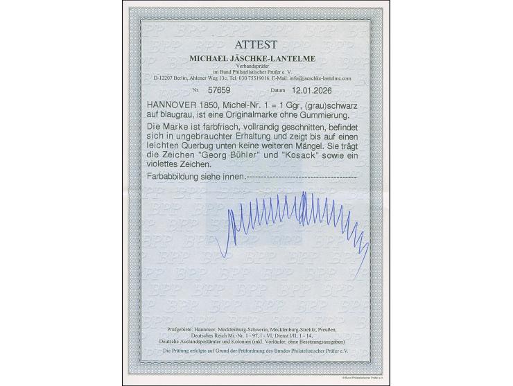 1850, 1 Ggr. auf blaugrau, allseits breitrandig und sehr schön farbfrisch, ungebraucht ohne Gummi, ganz schwacher und unmerkl