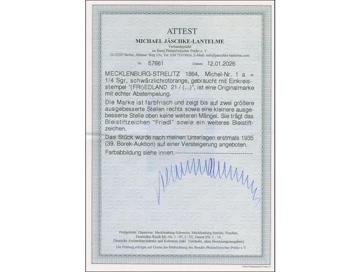 1864 Wappenausgabe ¼ Silbergroschen rotorange, farbfrisch, sauber entwertet durch EKr. von Friedland, unauffällig ausgebesser