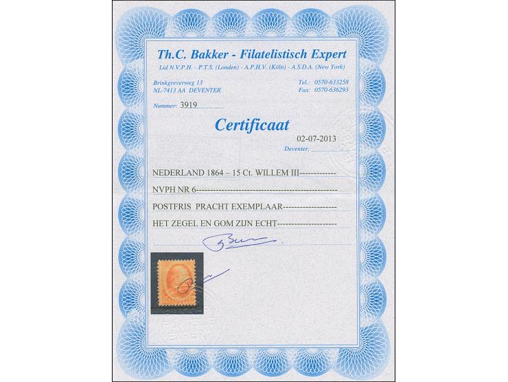 1864, King Wilhelm III. 15 c. orange, light decentered, mint never hinged, fine, unsigned with certificate Bakker (2013)