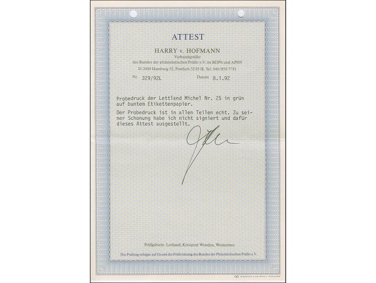 1919, Liberation of Riga 5 and 15 kopeks green, on multicolored resp. red label paper, without gum, in addition 15 kopek on m