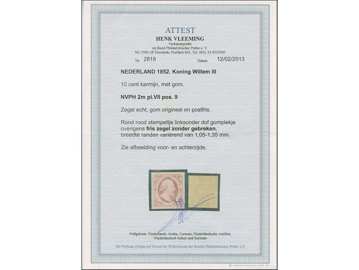 1852, King Wilhelm III. 10 c. carmine, plate VII, position 9, fresh colour and good margins all around, mint never hinged wit