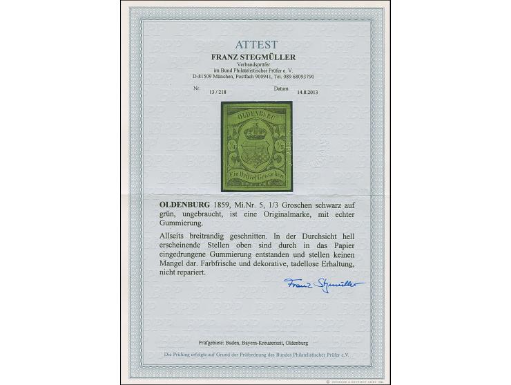 1859/61, ⅓ Gr, auf grünlicholiv, farbfrisch und allseits breitrandig, ungebraucht mit Originalgummierung, diese zum Teil in d