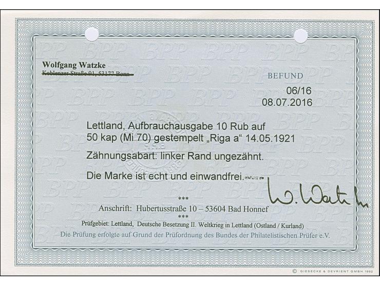 1931, 10 rubel on 50 kopeks, left marginal single, imperforated at left, used with clear cds. “RIGA 14.5.21”, fine, certifica