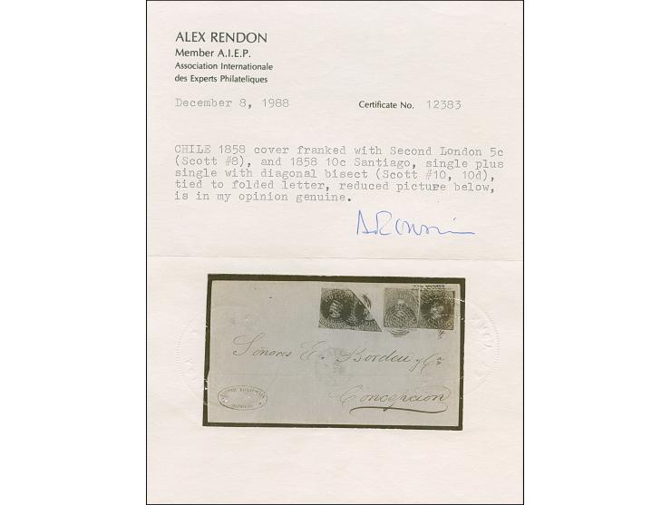 1856/65, 10 c. blue, bisect in pair with entire stamp, together with another copy 10 c. and 1855, 5 c. red-brown on bluish, t