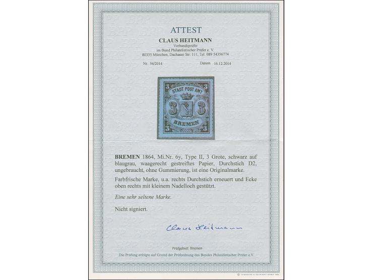 1864, 3 Gr. auf blaugrau mit bogenförmigem Durchstich 16, Type II auf waagerecht gestreiftem Papier, ungebraucht ohne Gummier