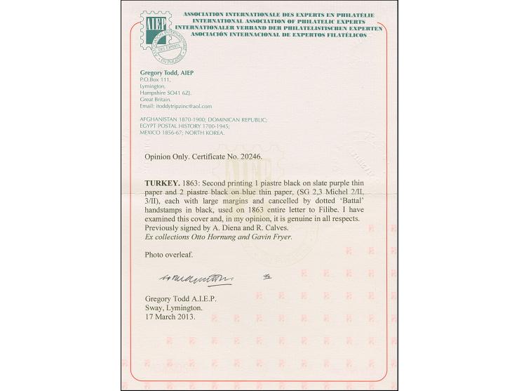 1863, Tughra, 2nd printing, 1 pia. on lilac-grey and 2 pia. on blue, both with nice margins, tied by dotted battal handstamp 