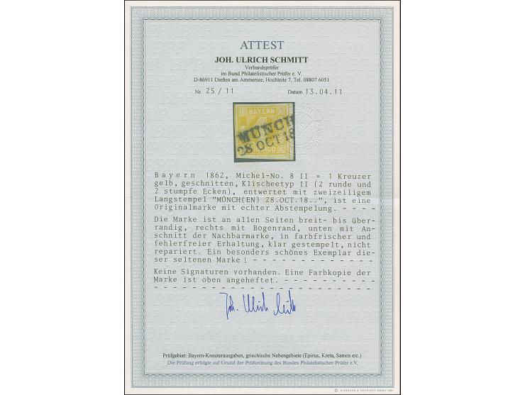 1862, 1 Kr. gelb, Type II, farbfrisch und allseits breit- bis überrandig mit kleinem Bogenrand rechts, sauber mit schwarzem L