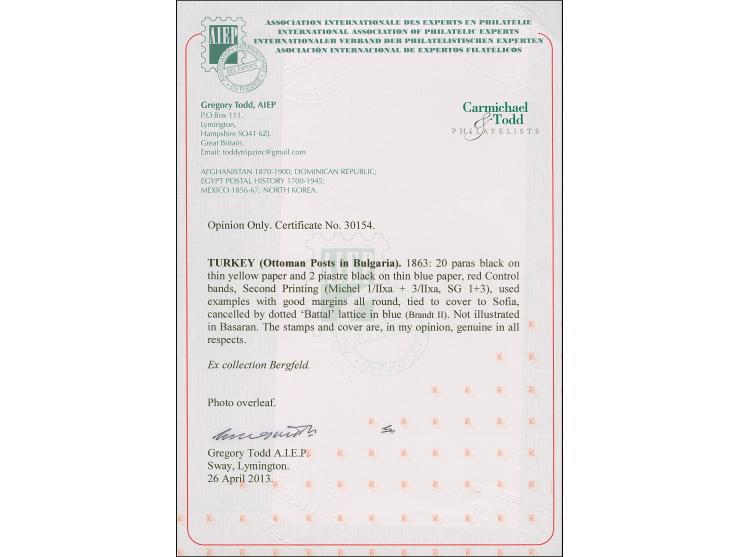 1863, Tughra, 2nd printing, 20 pa. on yellow and 2 pia. on blue, both with nice margins, tied by dotted blue battal handstamp