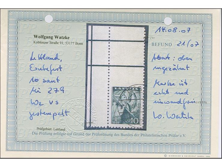 1939, Harvest Festival 10 santimi dark green, upper left sheet corner, imperforated at top, used with part cds. “RIGA”, scarc