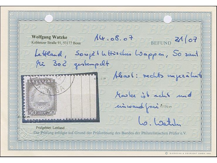 1940, Coat of arms 50 santimi gray, with right sheet margin, imperforated at right, used with part cds. “RIGA”, scarce in use