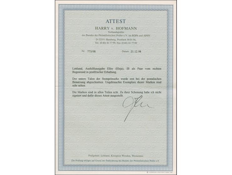 1919, Stempelmarka with reddish overprint “PASTMARKA” 15 kap. orange, imperforated horizontal pair, unused, very fine, scarce