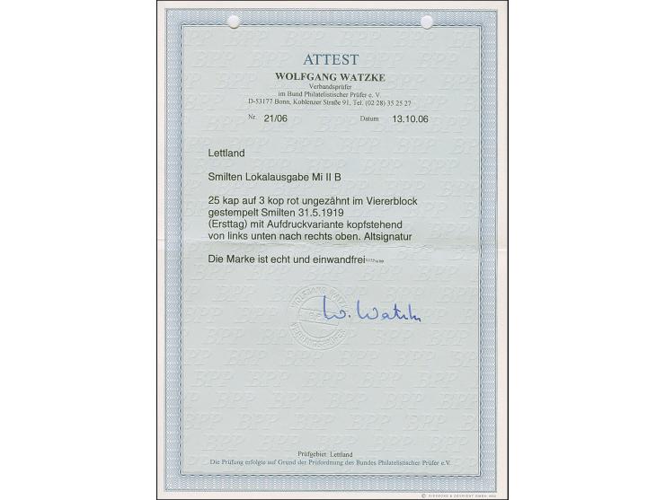 1919, 25 kap on 3 kopeks red, imperforated block of four, used with central cds., scarce with only 200 printed, fine, certifi