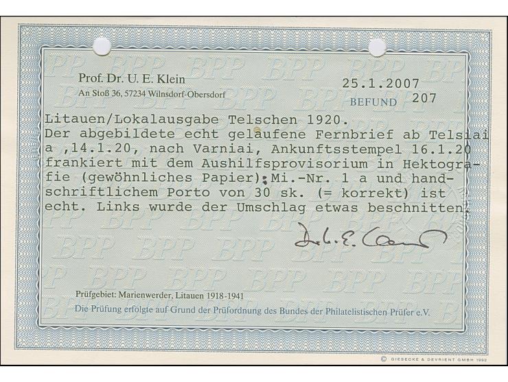 1920, Telsiai Postmaster Issue 30 skatiku, tied by cds. "TELSIAI 14.1.20" to cover to Varniai with arrival mark, the envelope