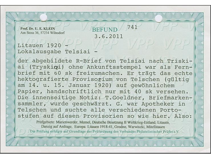 1920, Telsiai Postmaster Issue 40 skatiku, tied by cds. "TELSIAI 14.1.20" to registered cover to Tryškiai, inside note “T. Go