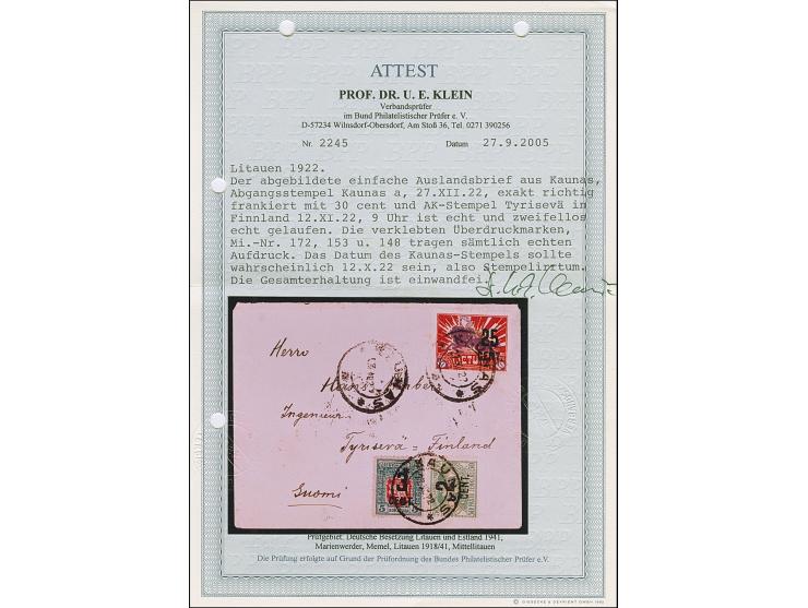 1922, New Currency surcharge 3 cent on 5 auksinai, together with additional franking, tied by cds. “KAUNAS 27.XII.22” to cove