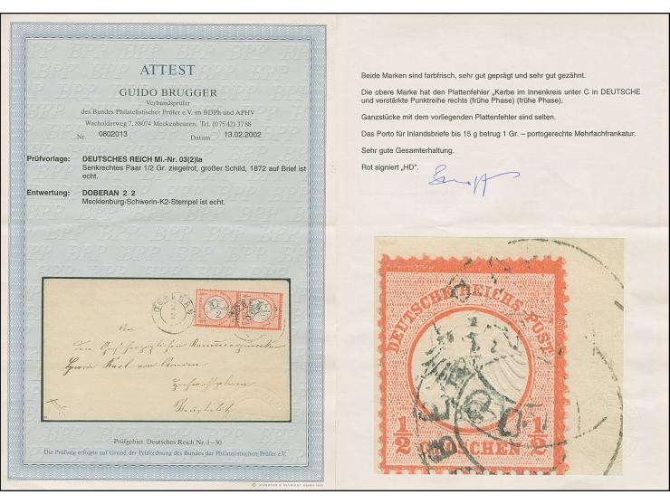 &nbsp; &nbsp;½ Gr. ziegelrot mit Plattenfehler “Kerbe im Innenkreis unter C in DEUTSCHE und verstärkte Punktreihe rechts" (fr