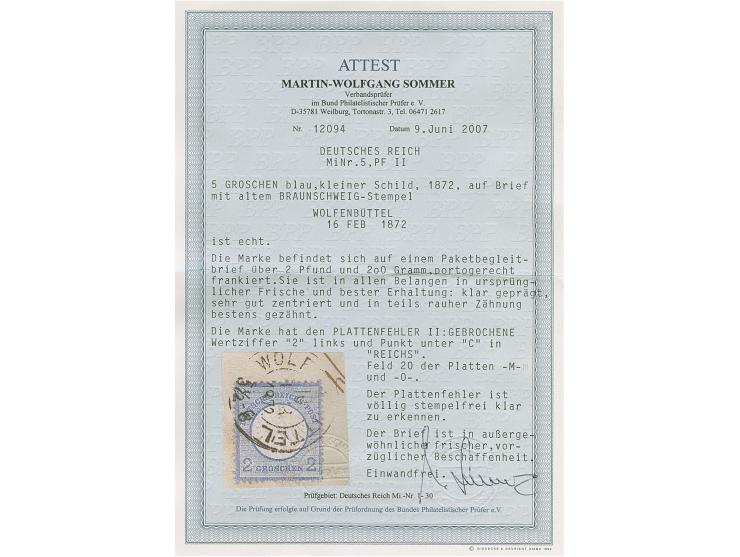 2 Gr. grauultramarin mit Plattenfehler “linke Wertziffer 2 gebrochen sowie Punkt unter C in REICHS” (Feld 20) mit DKr. “WOLFE