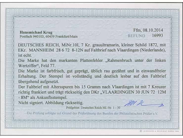 7 Kr. grauultramarin mit Plattenfehler “Rahmenbruch (Fleck) unter der linken Wertziffer” (Feld 77), mit EKr. “MANNHEIM 28.6.7