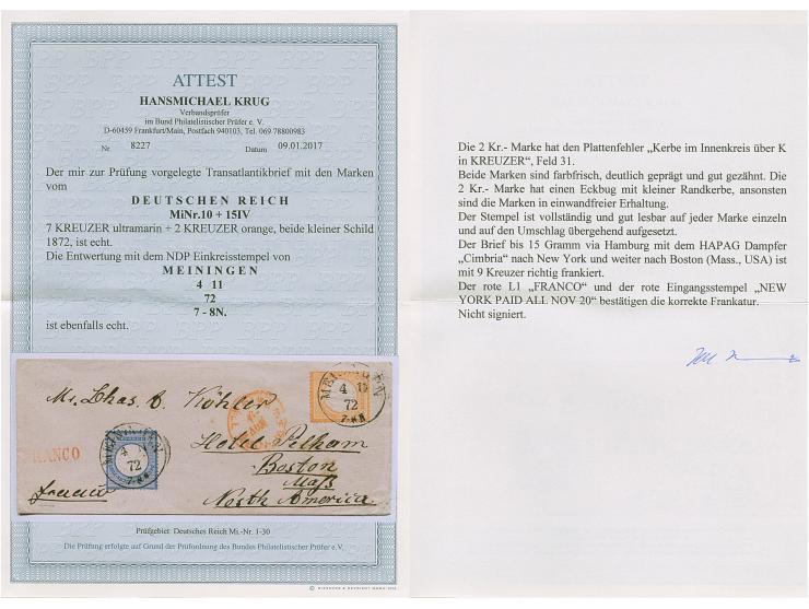 2 Kr. orange mit Plattenfehler “Kerbe im Innenkreis über K in KREUZER” (Feld 31) und 7 Kr. grauultramarin je mit klarem EKr. 