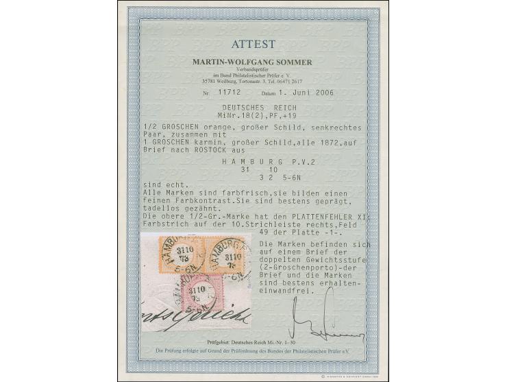 ½ Gr. orange mit Plattenfehler “Farbstrich auf der 10. Strichleiste rechts” (Feld 49) im senkrechten Paar mit Normalmarke und