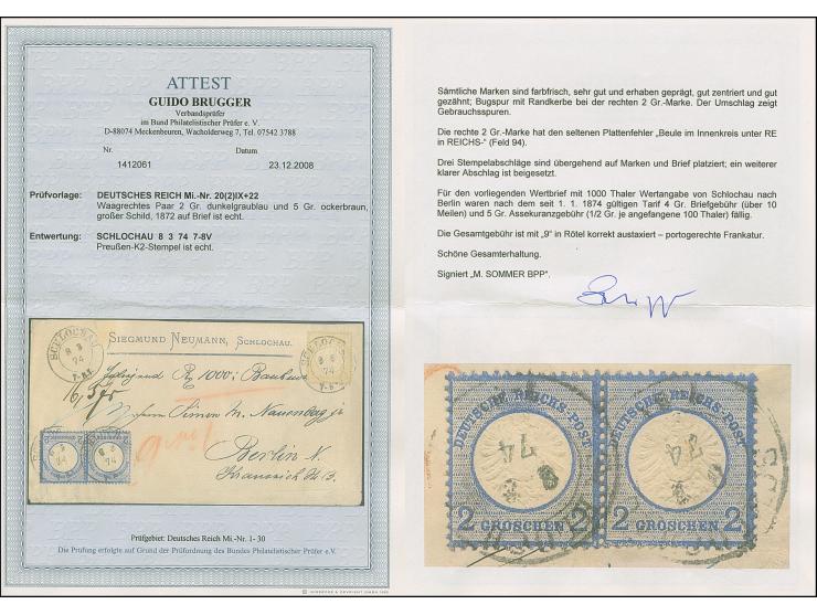 2 Gr. grauultramarin mit Plattenfehler “Beule im Innenkreis unter RE in REICHS” (Feld 94) im waagerechten Paar mit Normalmark