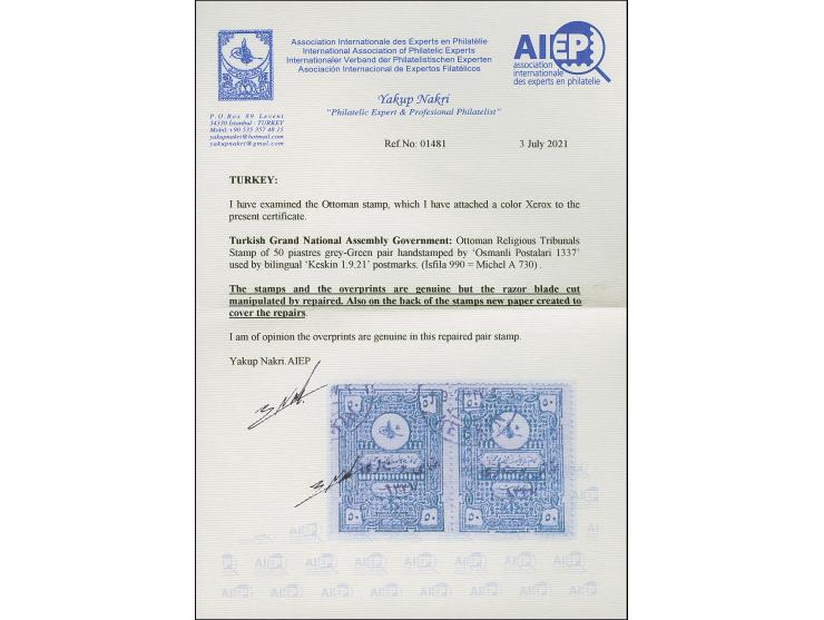 1921, Religious Tribunals 50 pia. grey-green, horizontal pair, handstamped 1337, clear cancellation of KESKIN 1.9.21. Conside