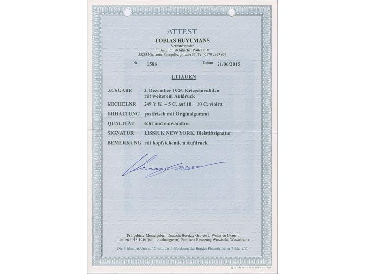 1926, War Orphans +5 on 10c., watermark “parquet”, inverted surcharge, mint never hinged, fine, signed Lissiuk and certificat