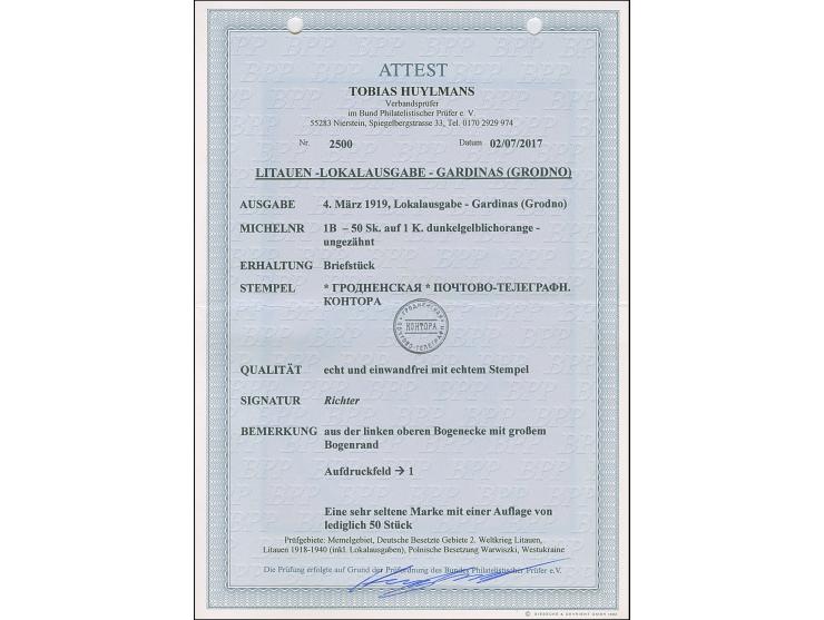 1919, 50 sk. on 1 kopek orange imperforated, from the upper left sheet corner, tied by provisional cancel “GRODNO” to small p