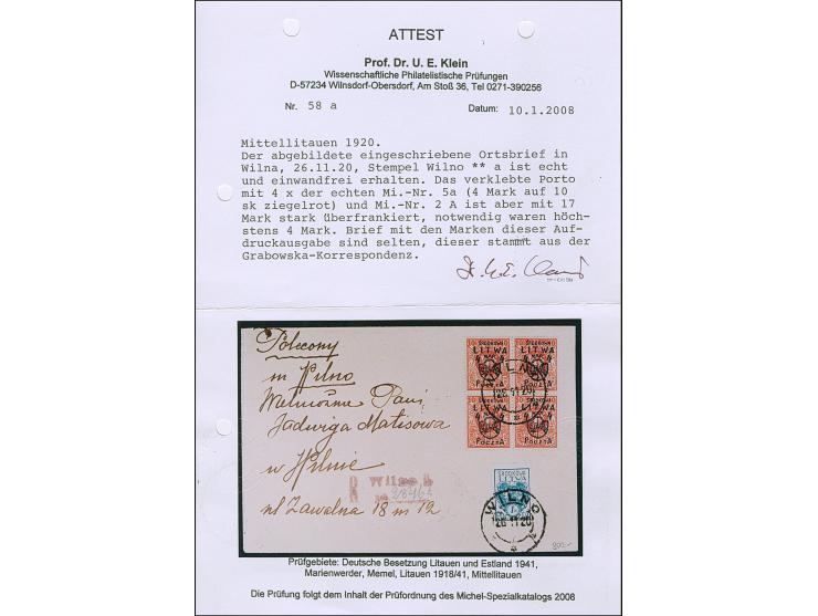 1920, Coat of Arms overprint issue 4 marka on 10 sk. red, block of four, with additional franking, tied by cds. “WILNO 26 11 