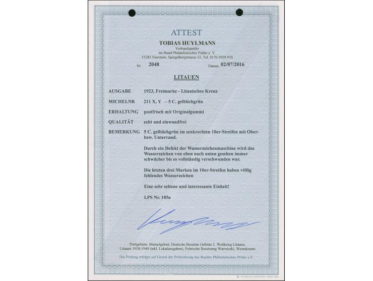 1923, Cross issue 5 centu green, vertical strip of ten with sheet margins, mint never hinged, cleary showing progressive fadi