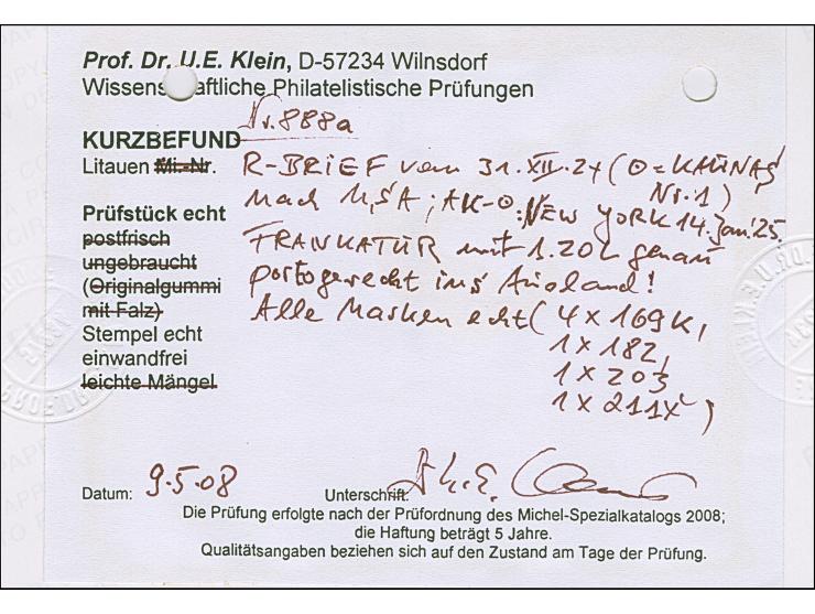 1922, New Currency surcharge 15 centu on 4 auksinas, block of four with bottom sheet margin, inverted surcharge, together wit