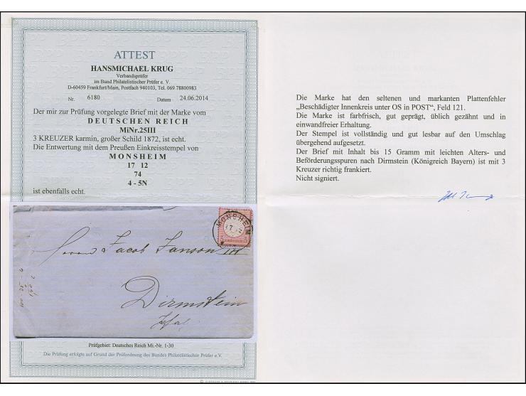 3 Kr. karmin mit Plattenfehler “beschädigter Innenkreis unter OS in POST” (Feld 121), mit klarem EKr. “MONSHEIM 17.12.74” als