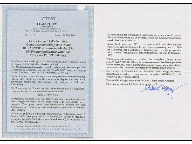 10 Pfge. karminrosa im waagerechten Paar mit EKr. “COLEN 4.4.75" als tarifgerechte Zufrankatur auf Brustschild Ganzsachenumsc