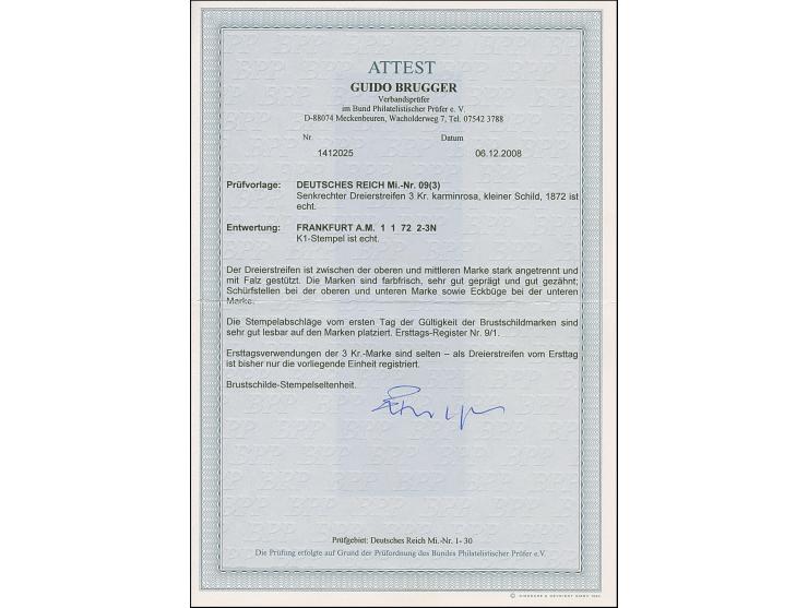 3 Kr. karminrosa im senkrechten Dreierstreifen jeweils mit ERSTTAG-EKr. “FRANKFURT A.M. 1.1.72”. Die Einheit ist oben stärker