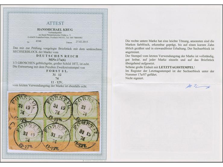 ⅓ Gr. gelblichgrün im angetrennten, senkrechten 6er-Block jeweils mit sehr klarem DKr. “FORST I/L. 31.12.74” auf Briefstück. 