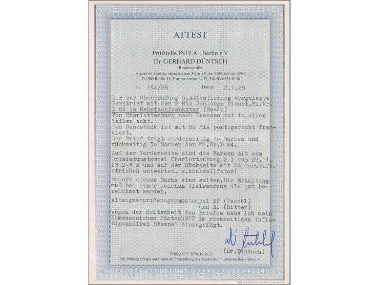 1923, Schlangenaufdruck 2 Mrd. M., 40 Stück in Einheiten und Einzelmarken vorder- und rückseitig als tarifgerechte Mehrfachfr