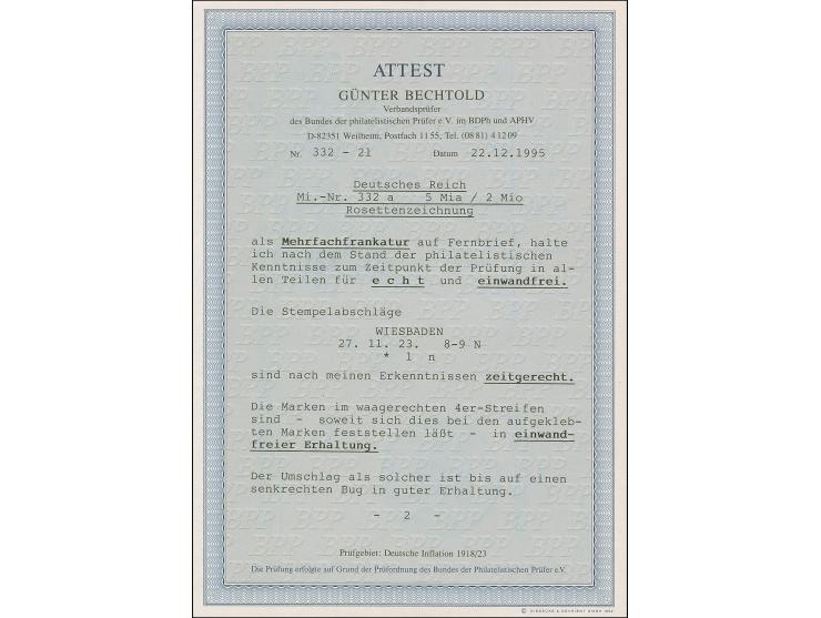 5 Mrd. auf 2 Mio. M. dunkelgraupurpur im waagerechten Viererstreifen mit Stempel “WIESBADEN 27.11.23” als tarifgerechte Mehrf