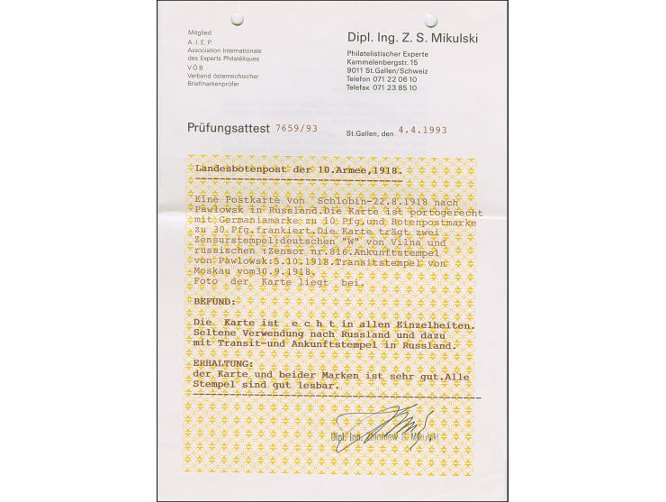 1918, Gebührenmarke 30 Pfennig und Germania 10 Pfennig, mit Stempel "SCHLOBIN 22.8.18" auf Bedarfskarte nach Pawlowsk in Rußl