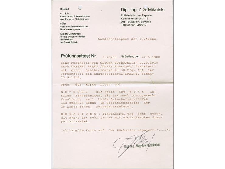 1918, Gebührenmarke 30 Pfennig mit rotem Stempel "GLUTZK 22.9.18" auf Karte nach Krasnyj Bereg mit vorderseitigem Ankunftsste