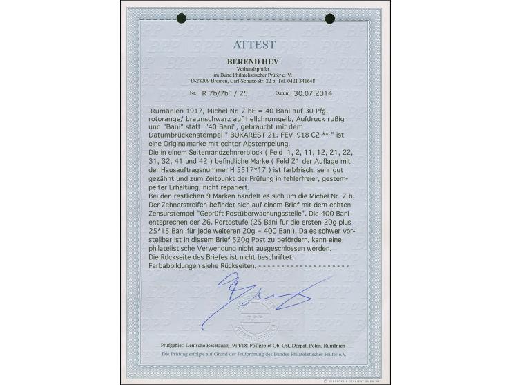 1917/18, 40 Bani auf 30 Pfennig, 10er-Block aus der linken oberen Bogenecke, die mittlere linke Marke mit Aufdruckfehler “Ban